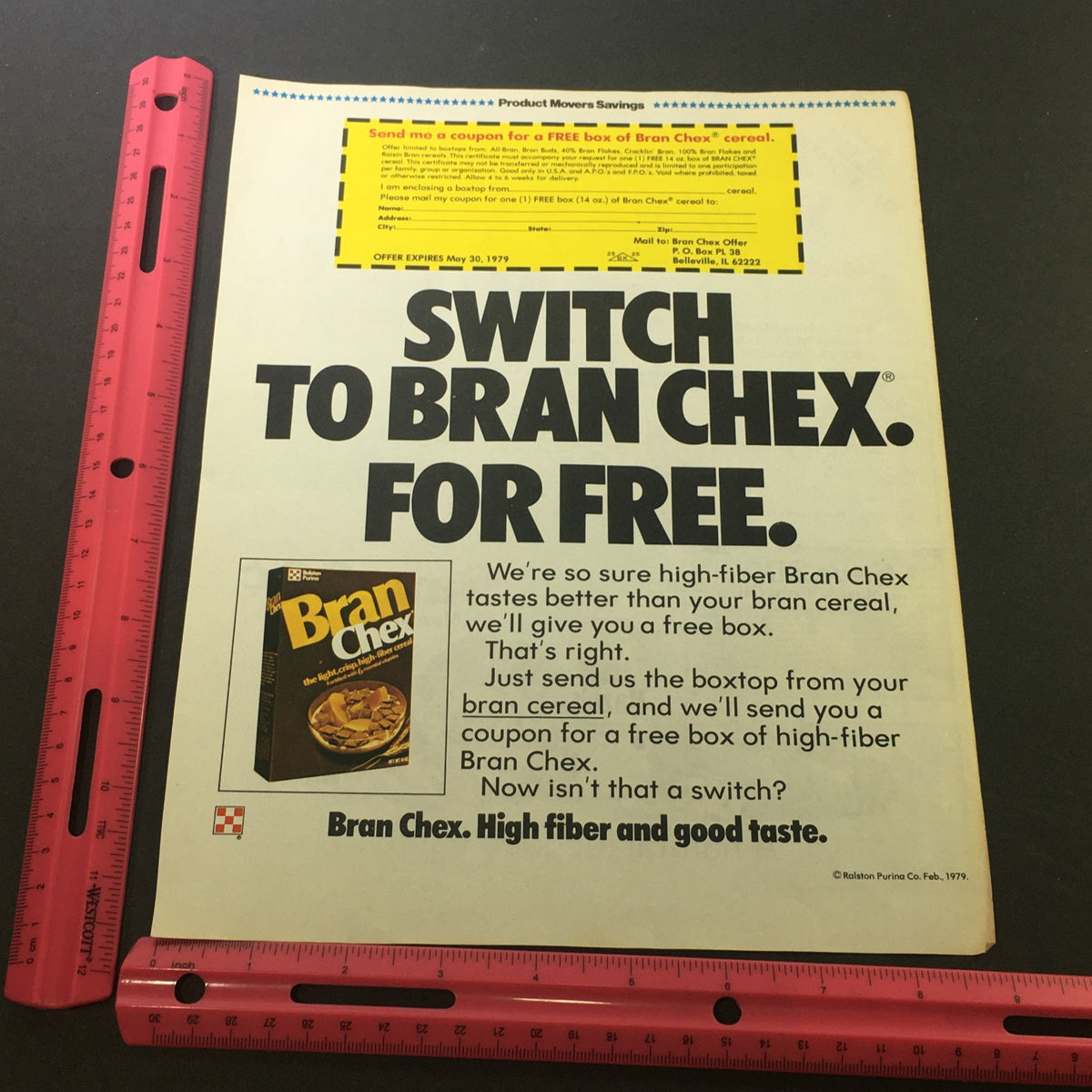 VTG 1979 Purina Bran Chex High-Fiber FREE Cereal Box Print Ad showing promotional text for a free box offer. The image captures the details of the advertisement promoting Bran Chex cereal.