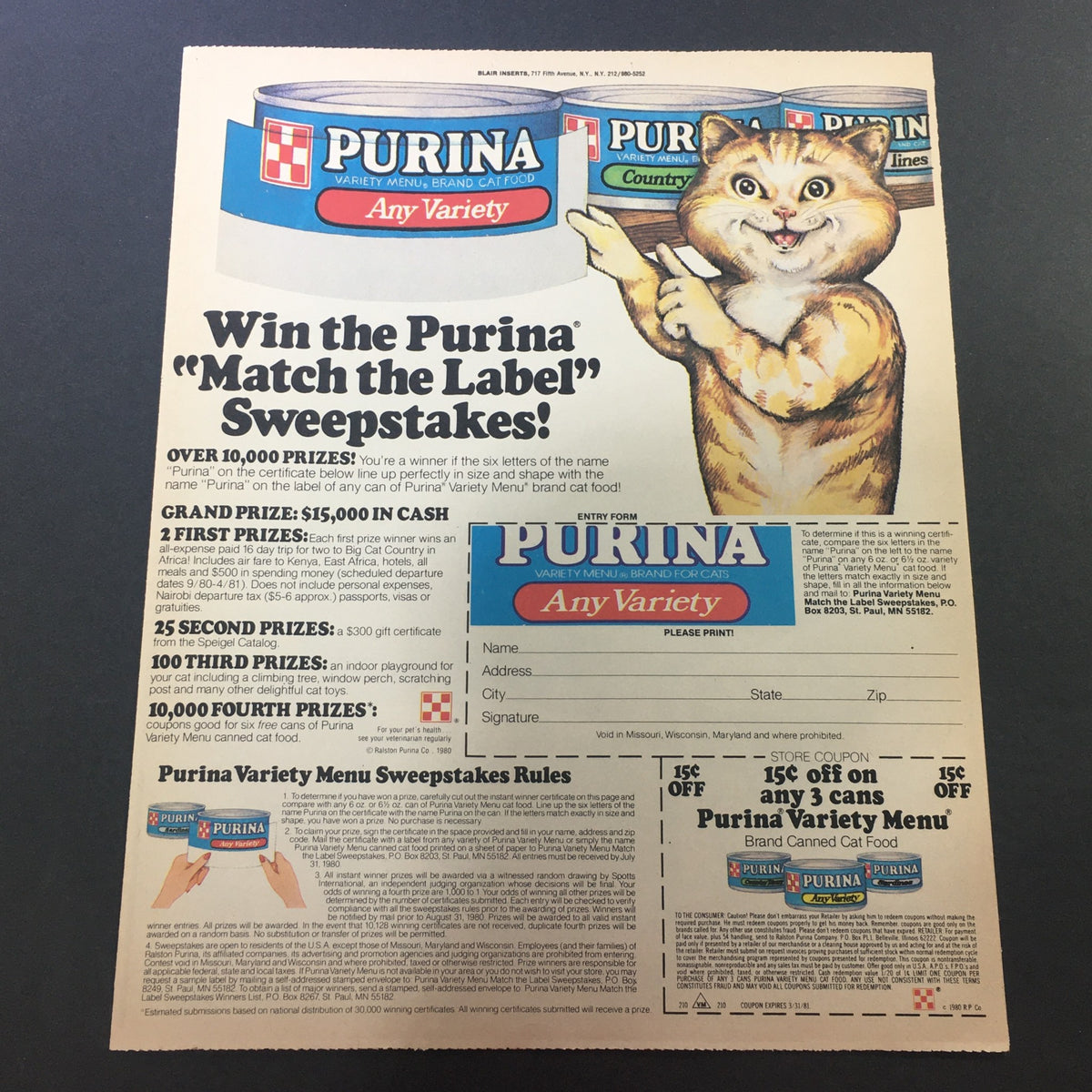 VTG 1980 M&M's Plain & Chocolate Candies & Ken-L Ration Tender Chunks Ad Coupon featuring a Purina sweepstakes advertisement with a cartoon cat and details on prizes.