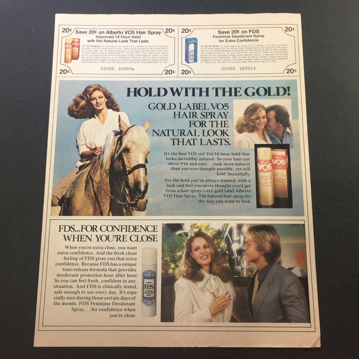 VTG 1981 Toshiba Home Entertainment System Opryland Music Sweepstakes Coupon illustrating a hair care product advertisement featuring models promoting Alberto VO5 Hair Spray.