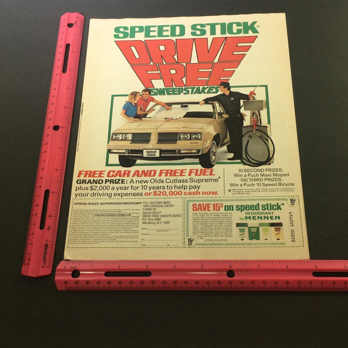 VTG 1981 Toshiba Home Entertainment System Opryland Music Sweepstakes Coupon highlighting another angle of the Speed Stick Drive Free Sweepstakes ad, featuring a car and prize details.