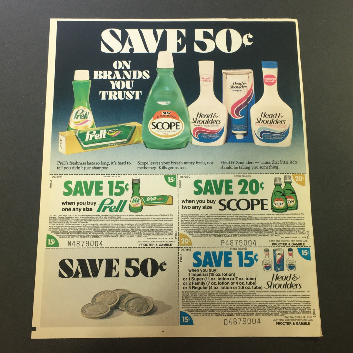 VTG 1981 Prell Shampoo, Scope Mouthwash & Head & Shoulder's Shampoo Ad Coupon featuring promotions and savings on popular personal care products. Includes details on discounts from Procter & Gamble.