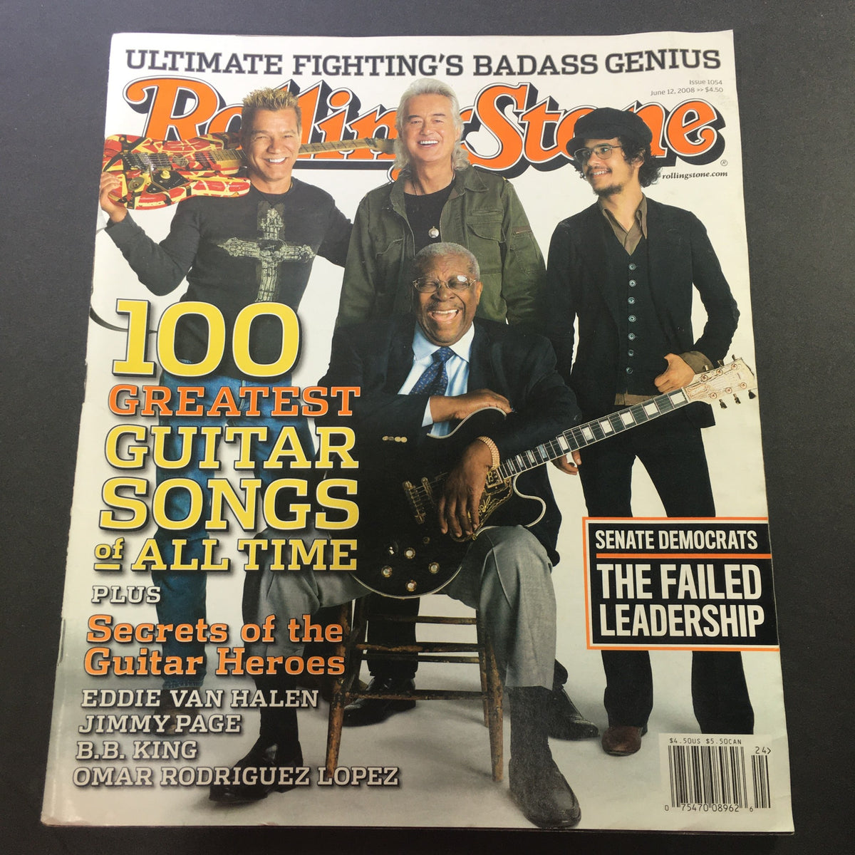 Cover of Rolling Stone Magazine Issue 1054 from June 12, 2008 featuring Eddie Van Halen, Jimmy Page, and other influential musicians. The cover highlights '100 Greatest Guitar Songs of All Time' and includes articles about guitar heroes. A must-have for rock music fans and collectors.