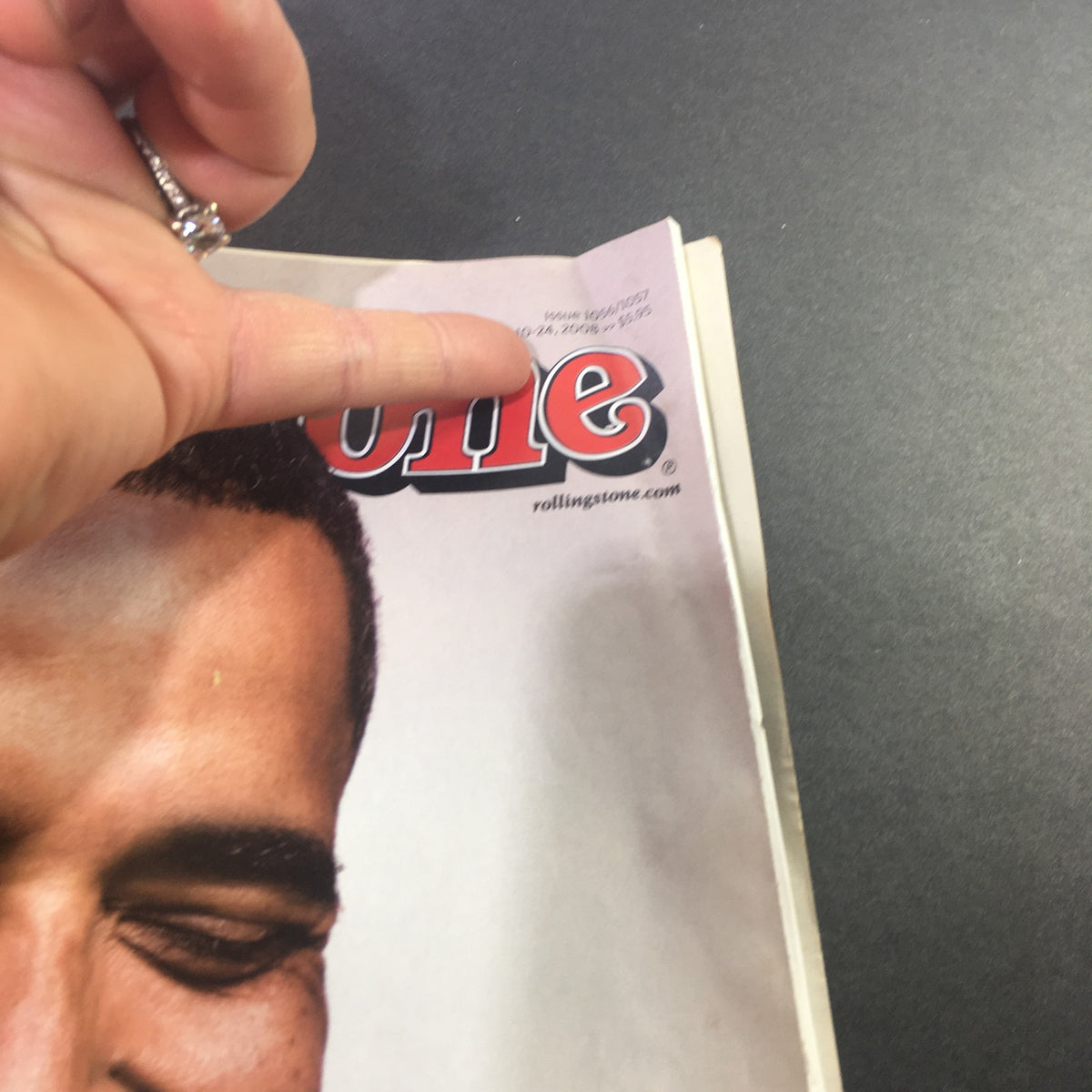 Detail view of the top corner of Rolling Stone Magazine Issue 1056/1057, showing the magazine title and part of the Obama cover, dated July 10-24, 2008.