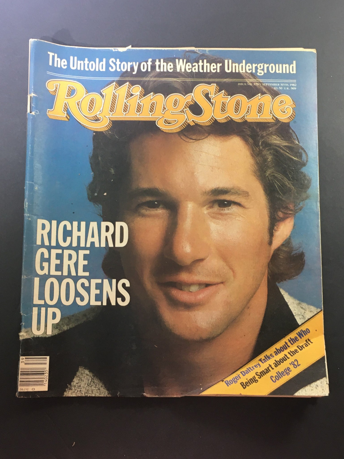Vintage Rolling Stone Magazine from September 30, 1982, featuring Richard Gere on the cover. The magazine includes the title and a subtitle discussing Daltrey and college topics of '82, showcasing a vibrant pop culture snapshot.