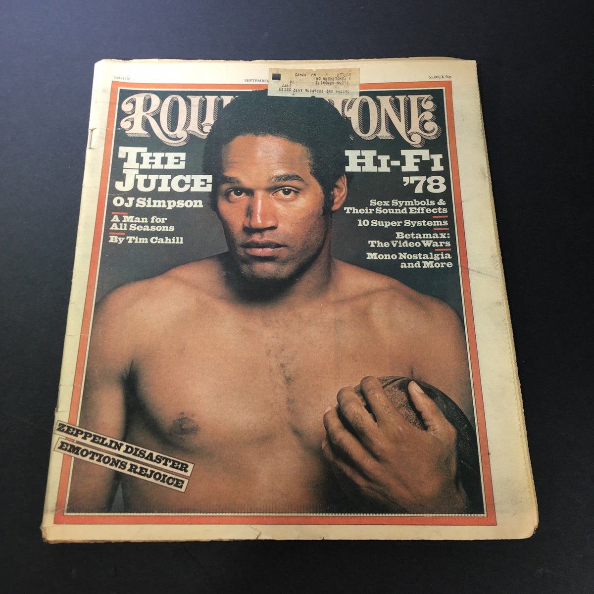 Vintage Rolling Stone Magazine from September 8, 1977, featuring O.J. Simpson on the cover, highlighting a cover story about the Zeppelin disaster. Ideal for collectors of 1970s pop culture memorabilia.