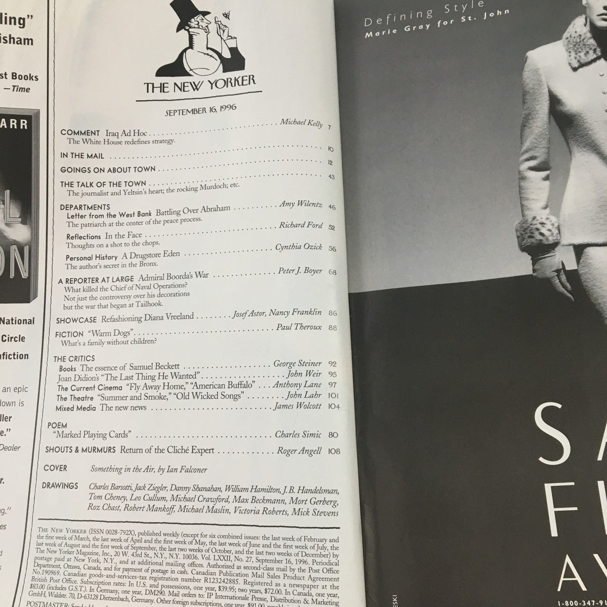 Interior page of The New Yorker September 16 1996 displaying the contents and articles listed for that issue, highlighting its literary and artistic features.