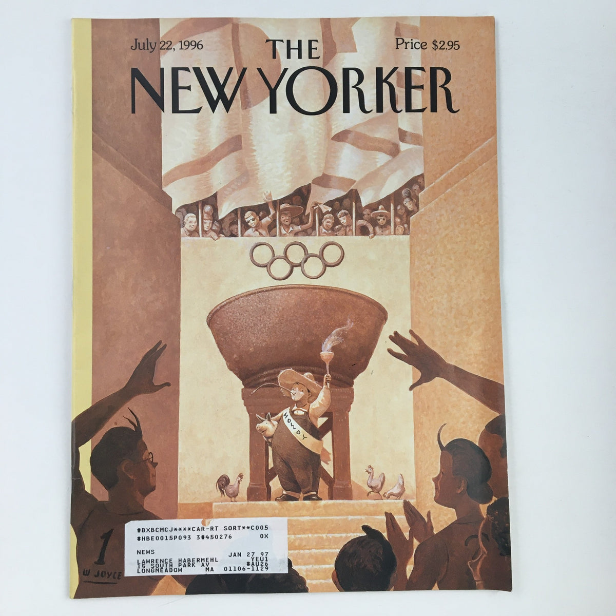 The New Yorker July 22 1996 Full Magazine Theme Cover by William Joyce featuring an illustration of an Olympic torchbearer and a cheering crowd, capturing a moment in pop culture history.