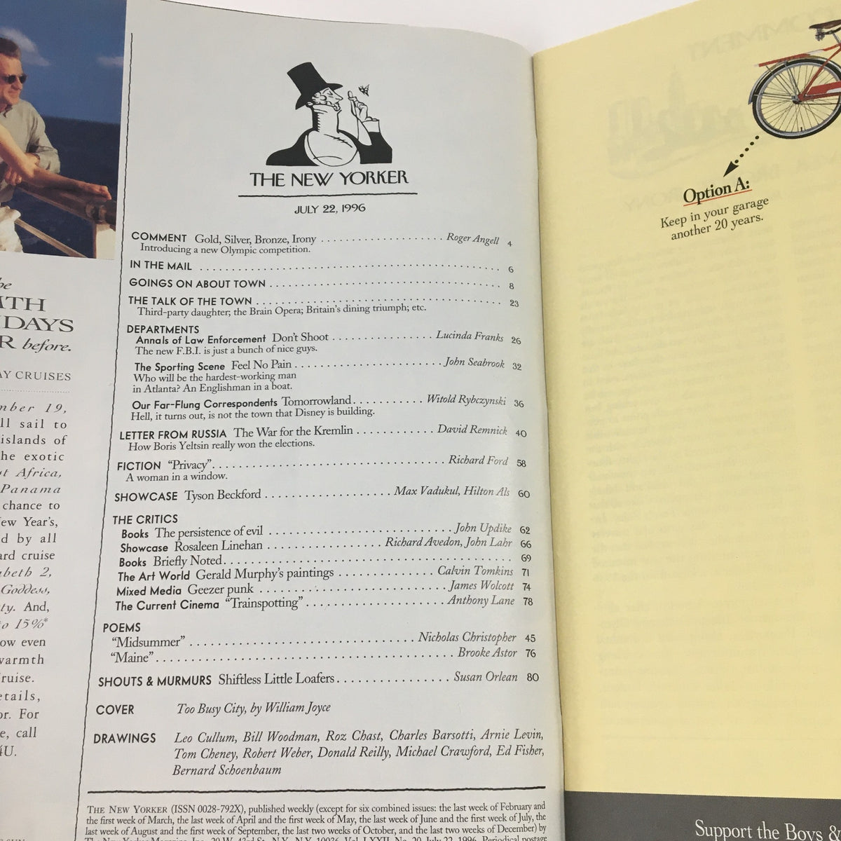 The New Yorker July 22 1996 Table of Contents page showcasing various articles, illustrations, and features from the issue, highlighting the eclectic themes and writers of the time.