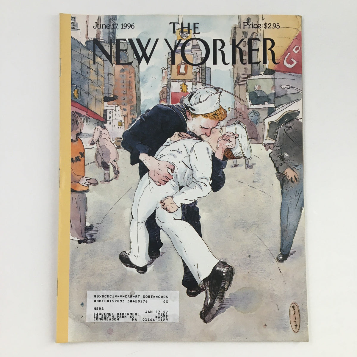 Cover of The New Yorker magazine dated June 17, 1996, featuring a whimsical illustration by Barry Blitt depicting a sailor kissing a soldier in a busy city street scene. The magazine’s title is prominently displayed at the top.