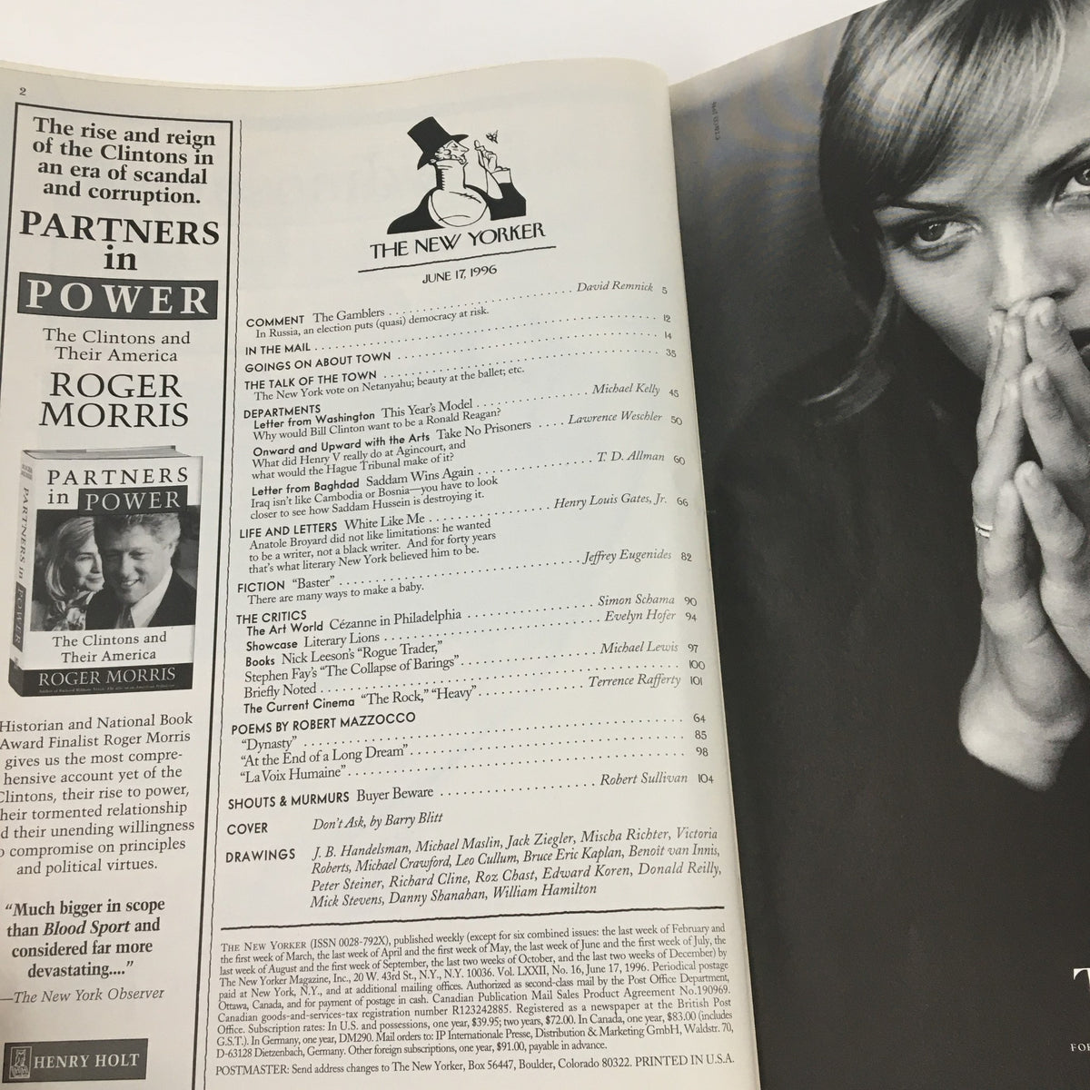 The New Yorker June 17 1996 Full Magazine Theme Cover by Barry Blitt, featuring the table of contents page showcasing articles and illustrations, alongside a notable black and white photo of a thoughtful individual.