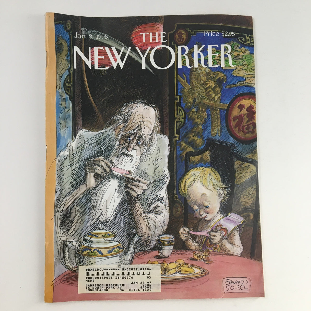 The New Yorker January 8 1996 Full Magazine Theme Cover by Edward Sorel, featuring a whimsical illustration of an elderly man and a child at a table, surrounded by colorful cultural elements.