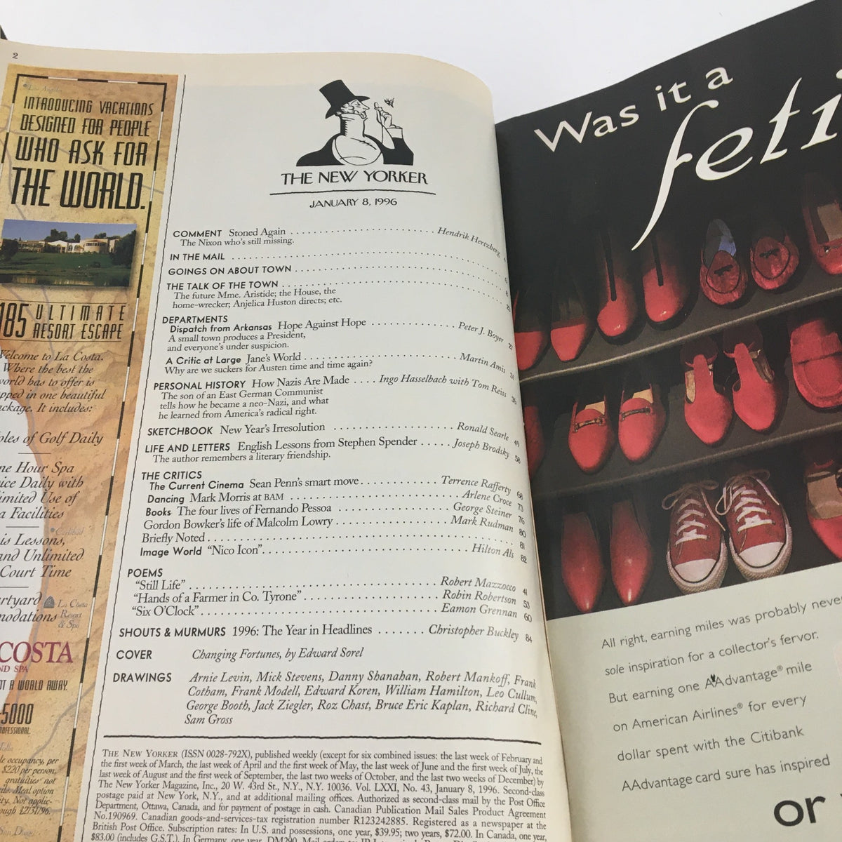 Interior page of The New Yorker January 8 1996 magazine displaying the table of contents, showcasing various articles and features, with a highlighted cover section by Edward Sorel.