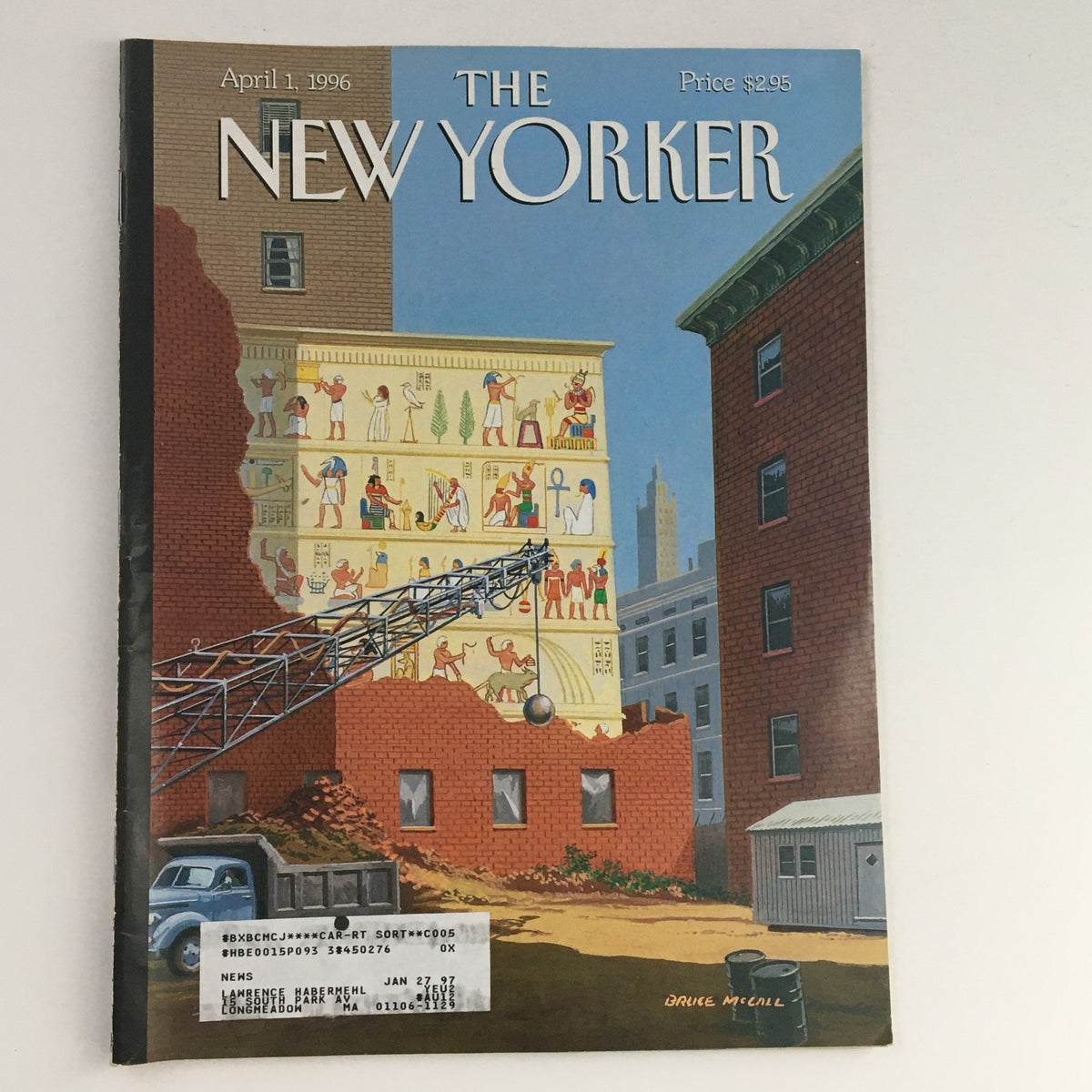 Cover of The New Yorker April 1 1996 featuring a creative theme cover by Bruce McCall, showcasing a vibrant illustration with a construction scene and artistic motifs.