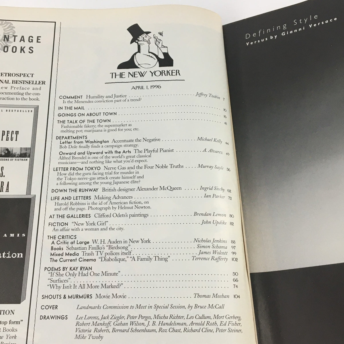 Interior page of The New Yorker April 1 1996 displaying the table of contents, including articles and features, alongside the magazine's iconic logo.