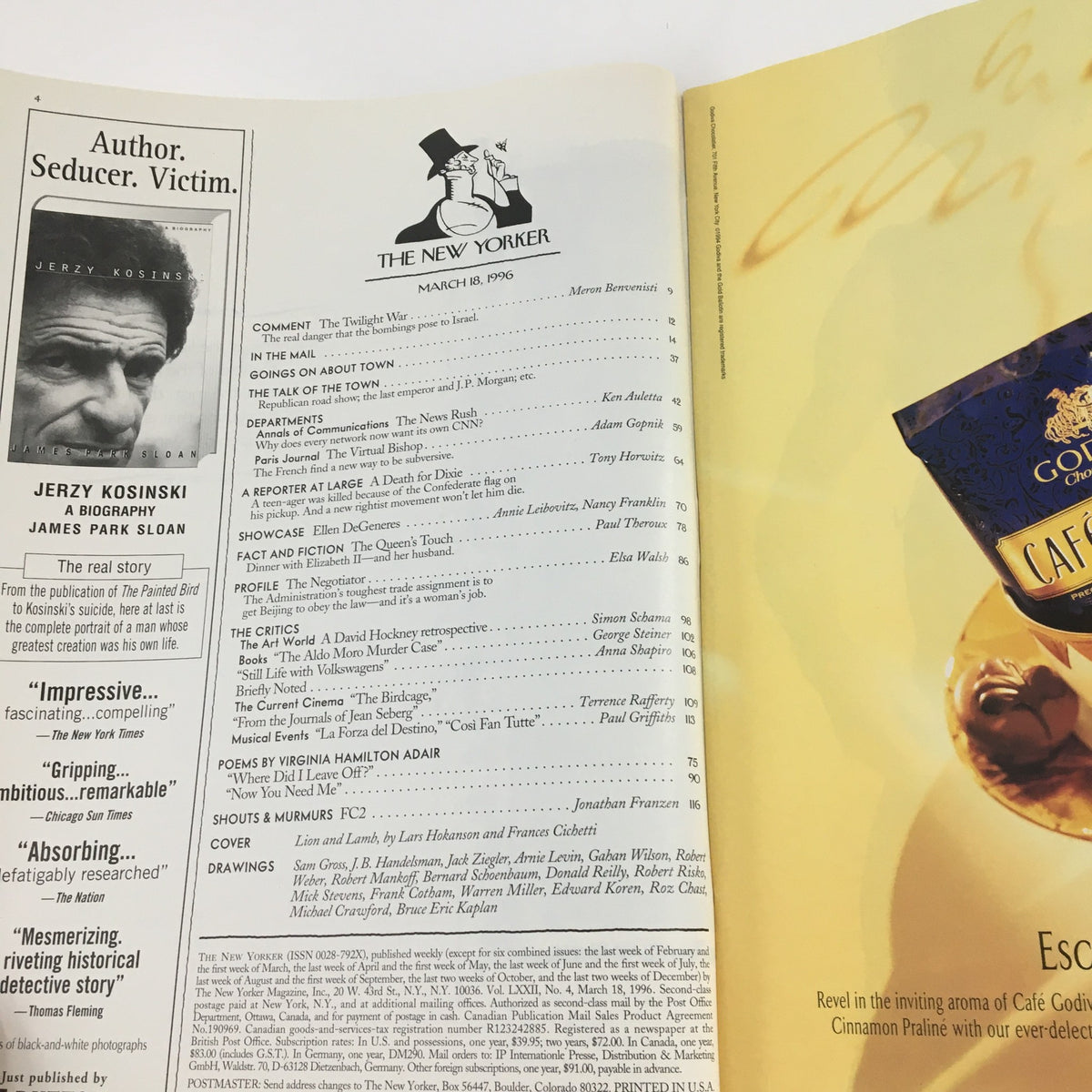 Interior page layout of The New Yorker March 18, 1996 featuring table of contents and editorial details, showcasing content highlights including articles, poems, and critiques.