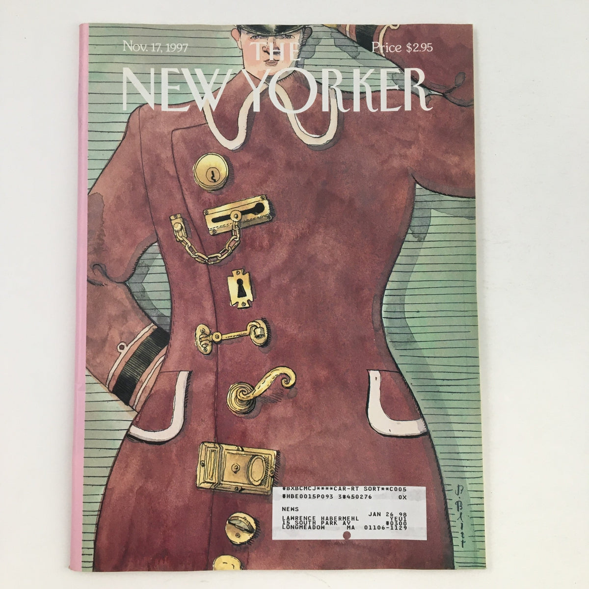 Cover of The New Yorker magazine dated November 17, 1997 featuring theme cover art by Barry Blitt, showcasing an illustration of a fashionable figure dressed in a stylized coat with buttons.