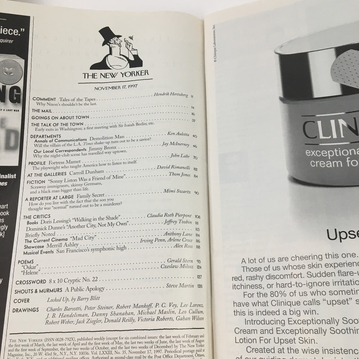 Interior page from The New Yorker magazine, November 17, 1997, displaying the table of contents and various article titles along with a stylish ad for Clinique cream.