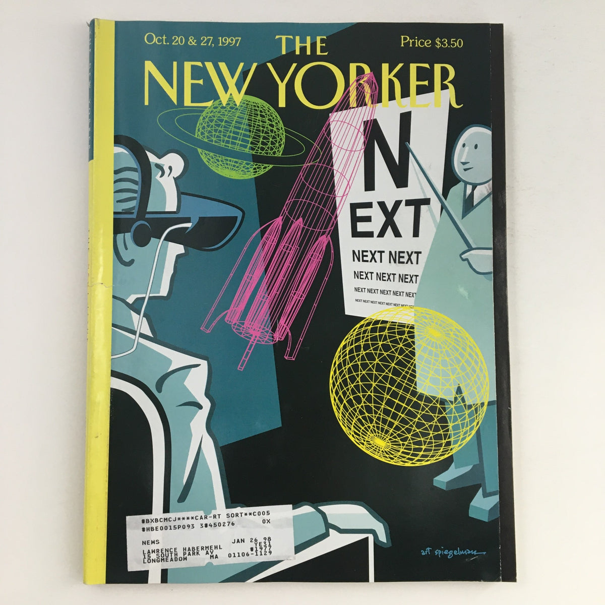 The New Yorker October 20, 1997 Full Magazine cover featuring vibrant Art Spiegelman artwork with a retro futuristic theme including a rocket and globes.