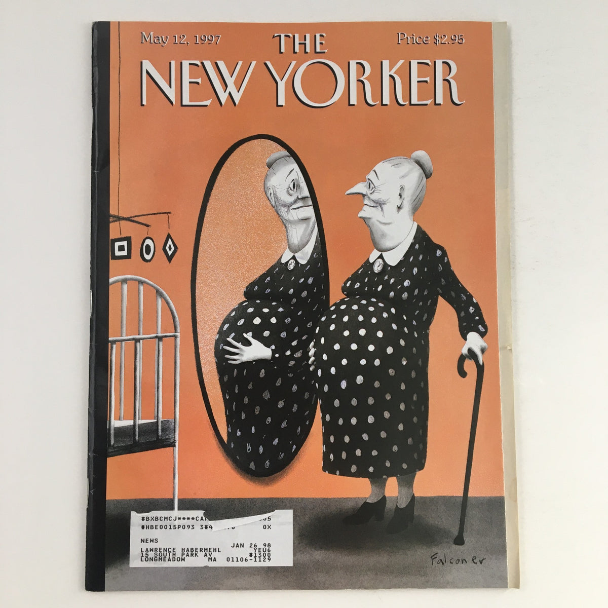 The New Yorker May 12 1997 Full Magazine Cover art by Ian Falconer featuring whimsical artwork of two elderly women looking at their reflections in a mirror, showcasing creativity and humor.