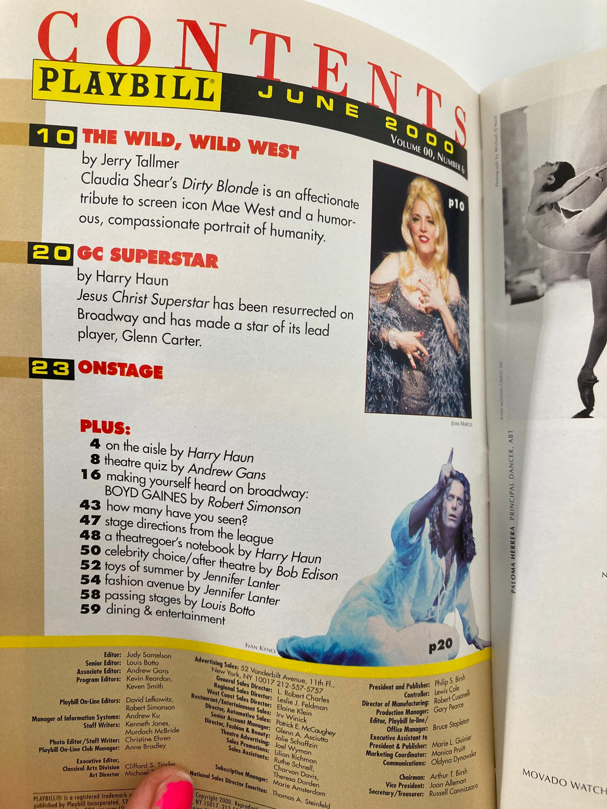 Contents page of the 2000 Playbill for Lincoln Center Theater, highlighting features such as articles on 'The Wild, Wild West' and 'GC Superstar'.