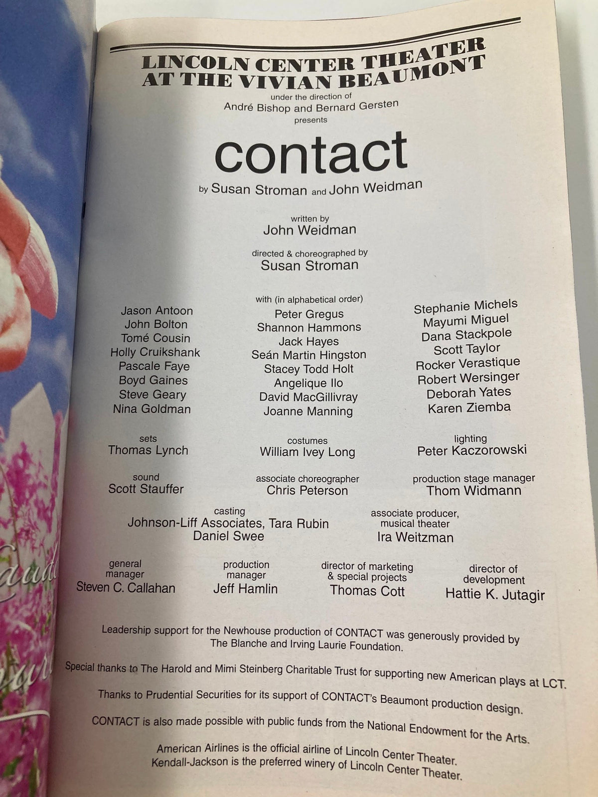 Detailed page from the 2000 Playbill for Lincoln Center Theater featuring cast and production credits for the show 'Contact'.