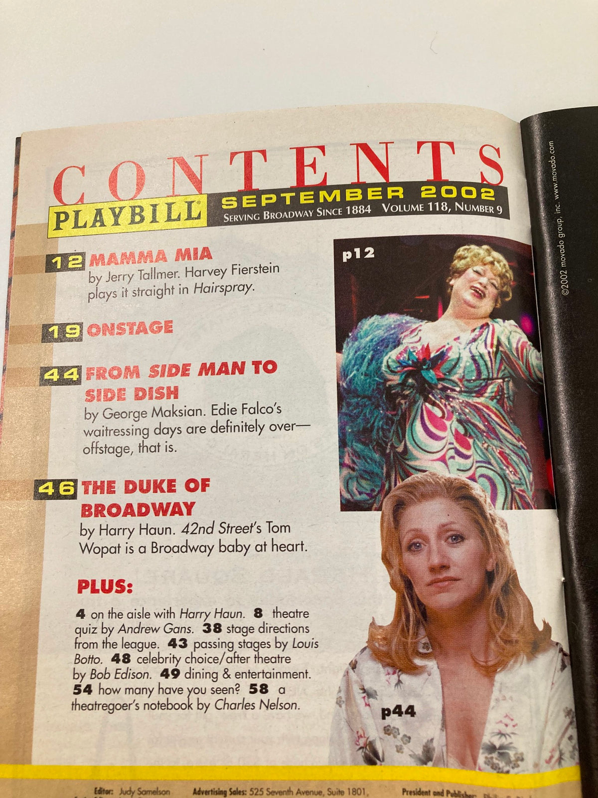 Inside contents page of the September 2002 Playbill for Hairspray, listing featured performances and productions.