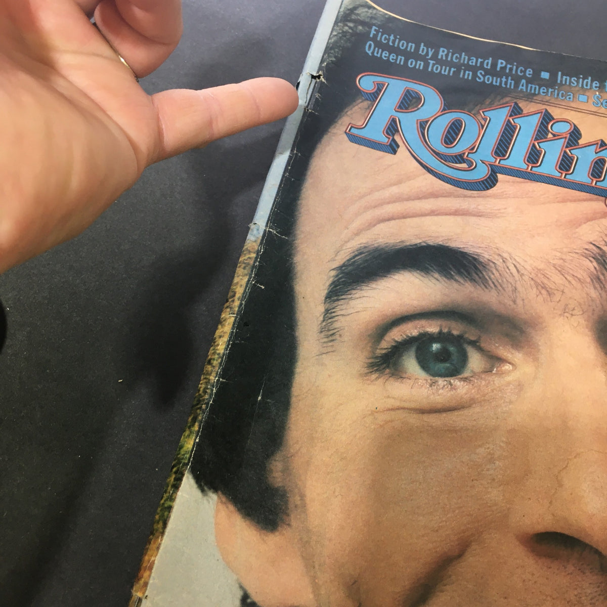 Close-up view of the vintage Rolling Stone magazine cover dated June 11, 1981, showcasing James Taylor, highlighted by the title 'Grins and Bears It' by Timothy White.