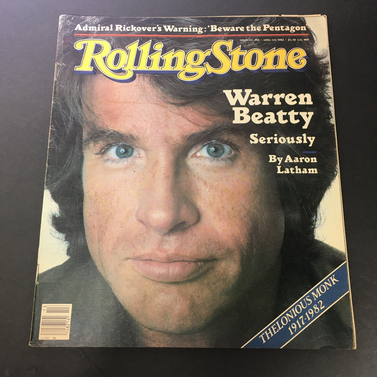 VTG Rolling Stone Magazine April 1 1982 featuring Warren Beatty on the cover, showcasing an iconic portrait of the actor with striking blue eyes and rugged features, capturing the essence of 1980s pop culture.