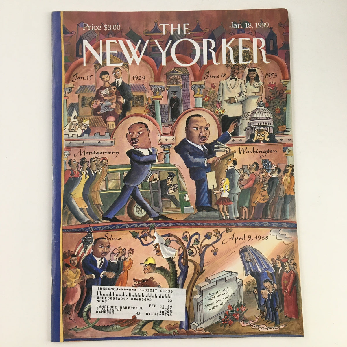 Cover art from The New Yorker January 18, 1999, featuring historical illustrations by Edward Sorel, depicting significant moments and figures in American history.