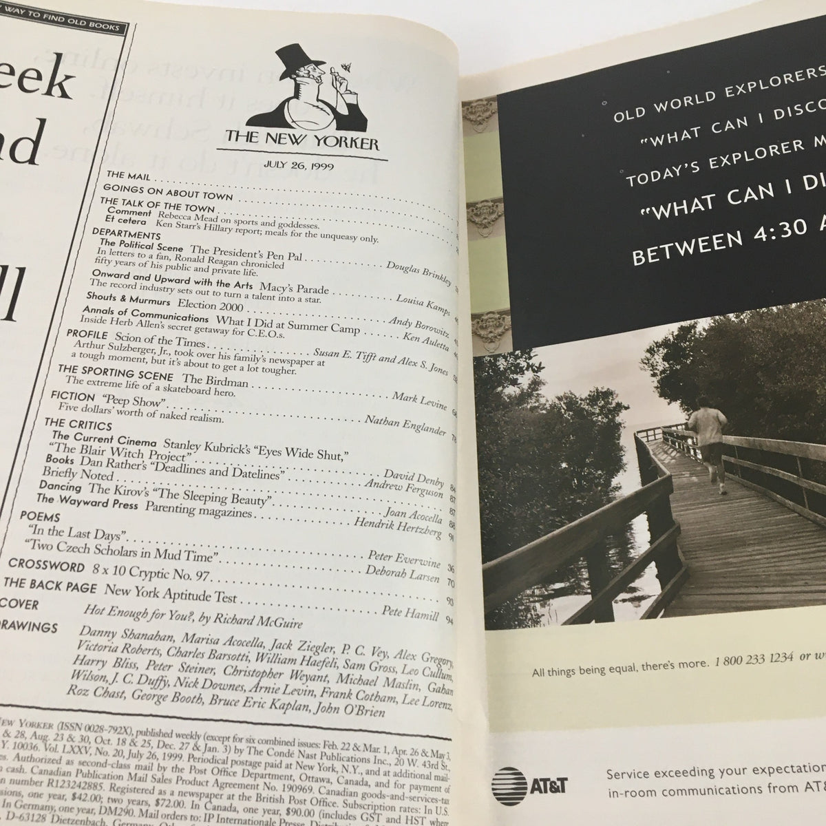 Inside page of The New Yorker July 26 1999 magazine featuring a detailed table of contents and advertisements. This page showcases the layout and design characteristic of Richard McGuire's themed cover art.