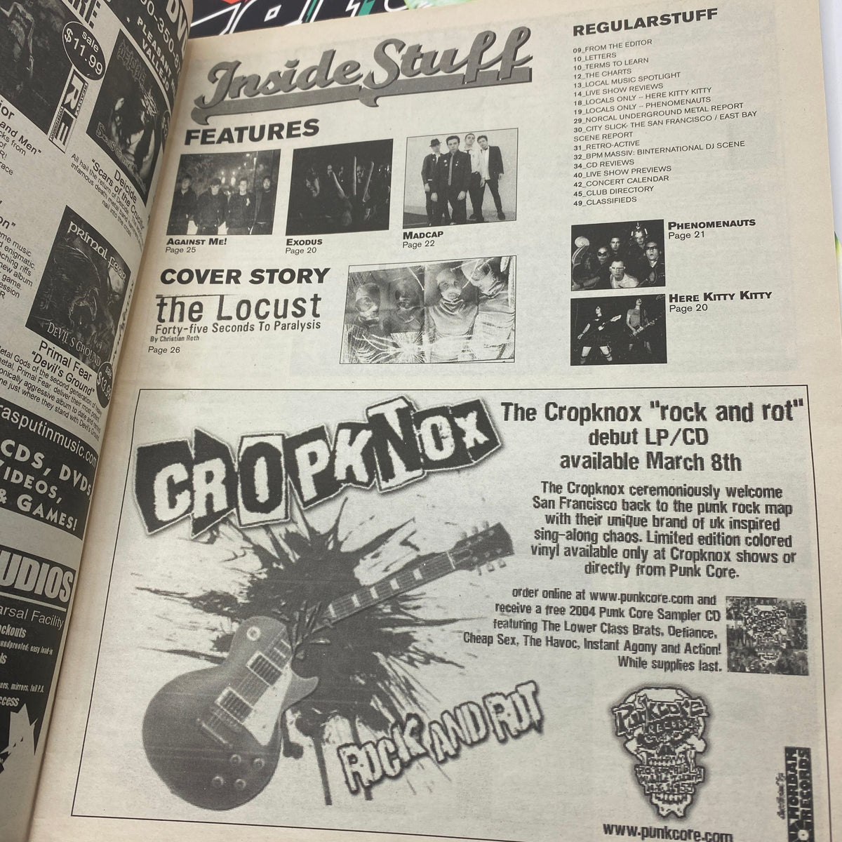 Inside page of Zero Magazine March 10 2004, highlighting features including The Locust and advertisements for music-related events.