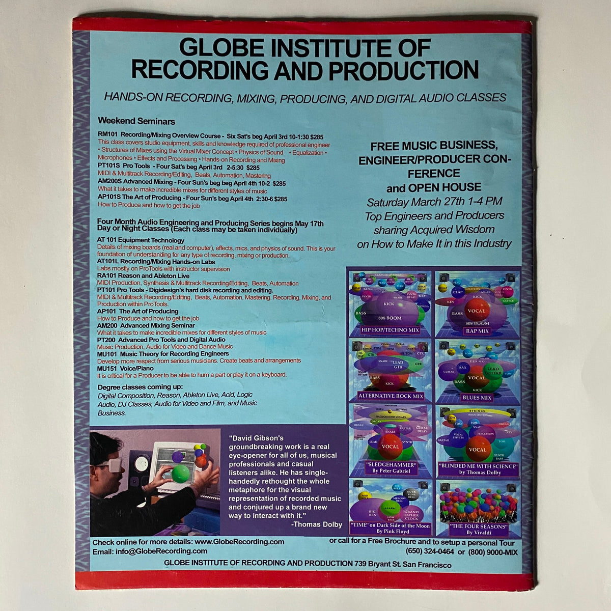 Back cover of Zero Magazine March 10 2004, promoting the Globe Institute of Recording and Production with details on seminars and a music business conference.