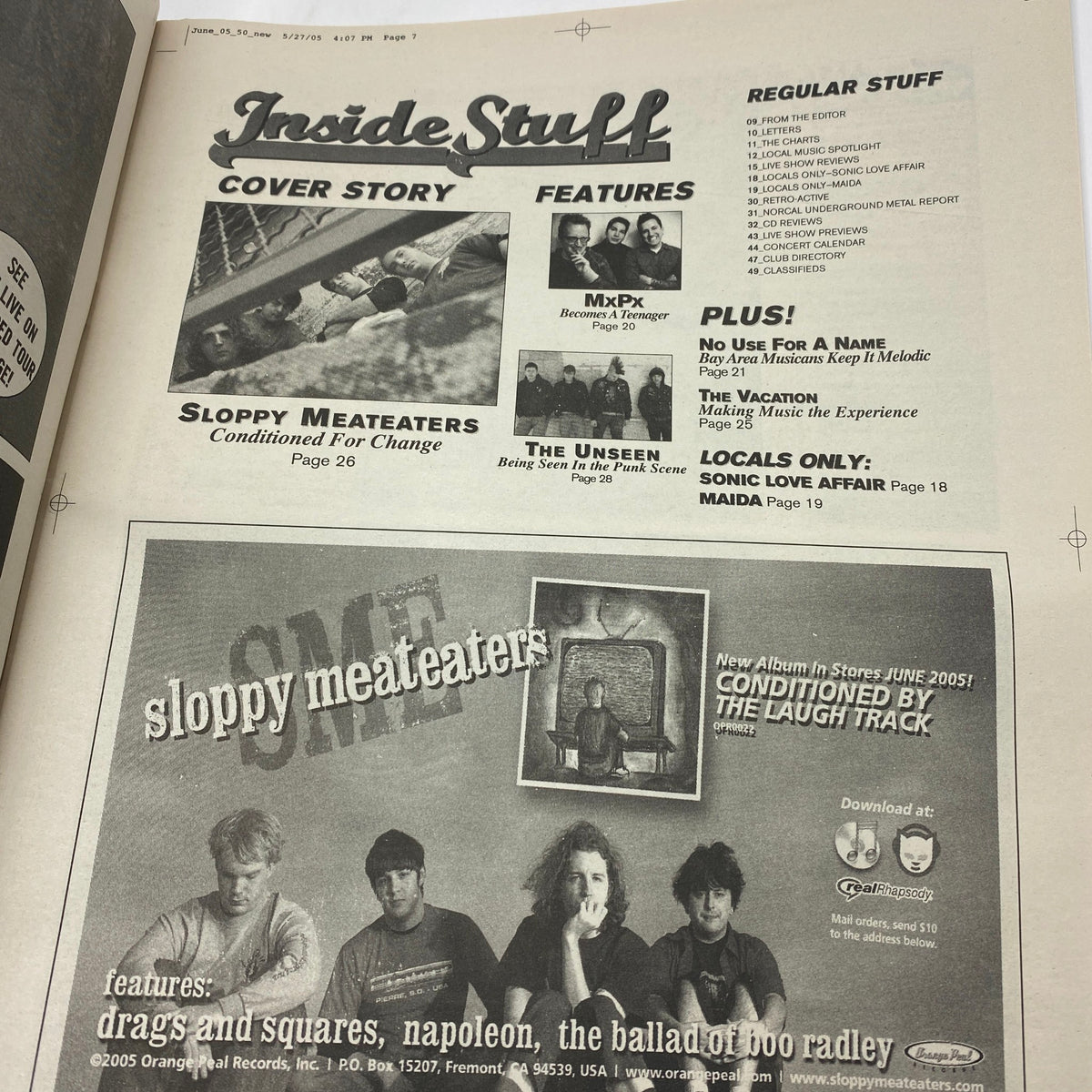 Page from Zero Magazine June 2005 featuring the cover story on Sloppy Meateaters and details about their new album. This magazine showcases cultural commentary and culinary trends of the early 2000s.