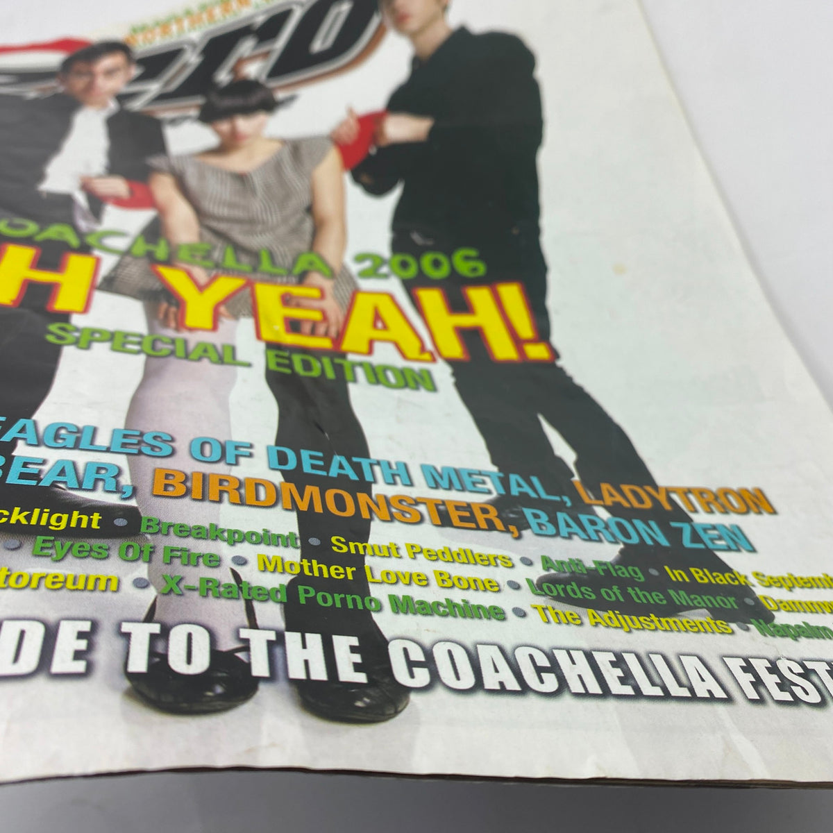 Textual detail from Zero Magazine April 2006 listing featured artists like Eagles of Death Metal and Ladytron, with emphasis on 'Coachella 2006 Oh Yeah! Special Edition'.