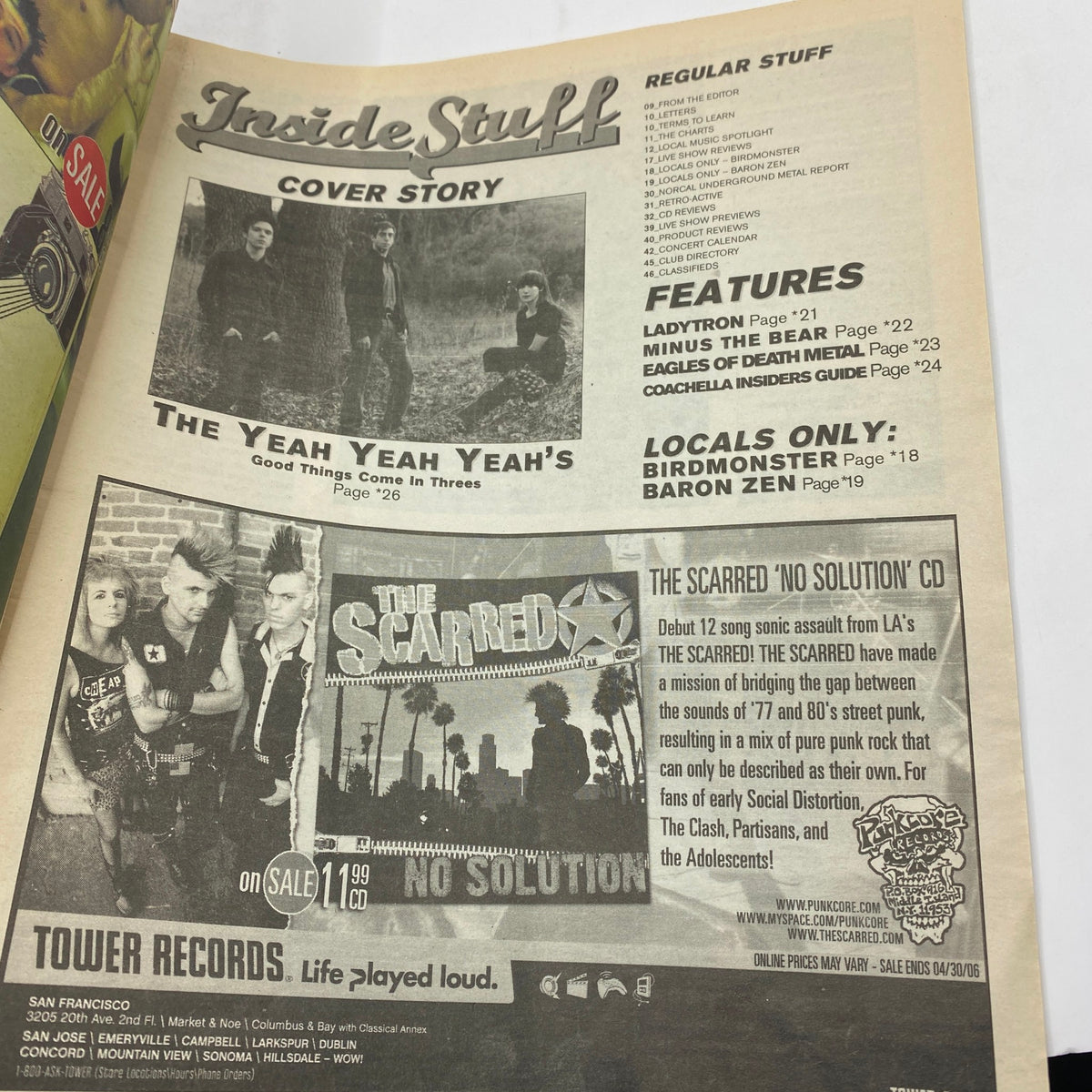 Inside page of Zero Magazine April 2006 featuring a cover story about Yeah Yeah Yeah's, along with features and local band highlights, showcasing a mix of alternative, punk, and rock music culture.