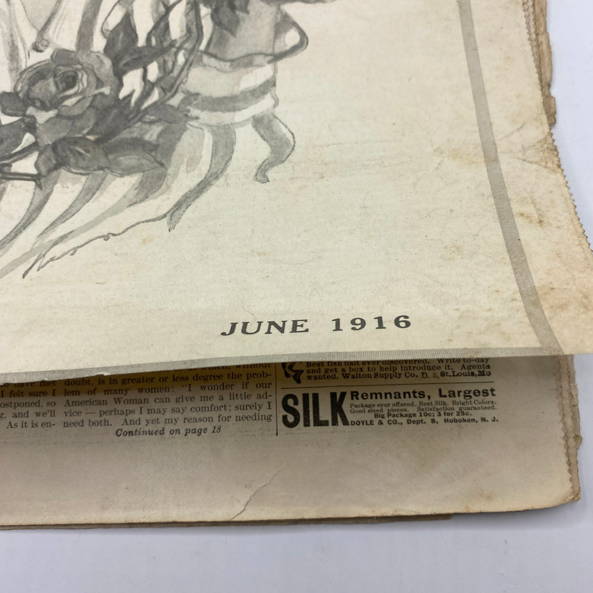 Bottom corner of VTG The American Woman Magazine June 1916 showing date and vintage advertisement details.