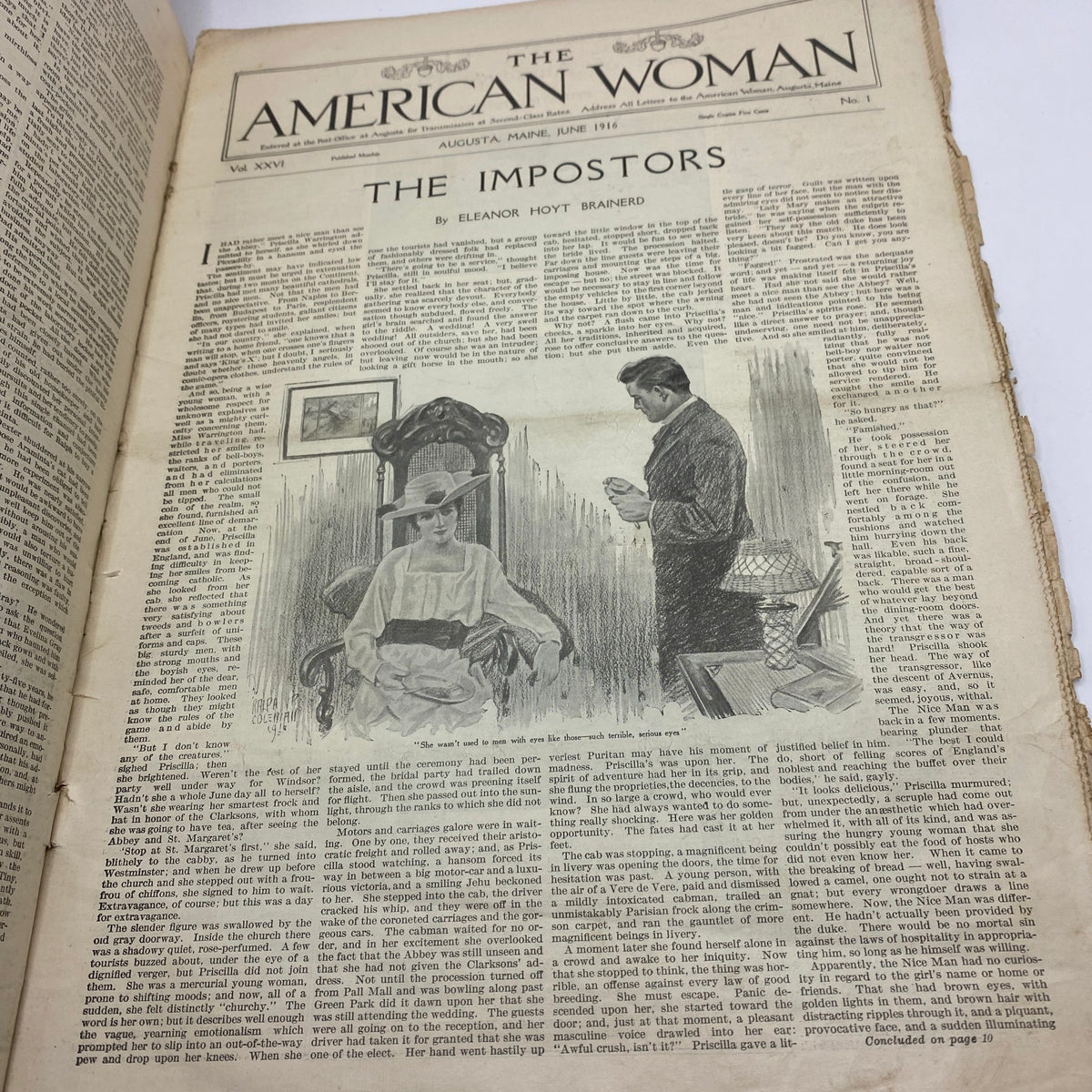 First page of VTG The American Woman Magazine June 1916, titled 'The Impostors,' with an illustration and text.