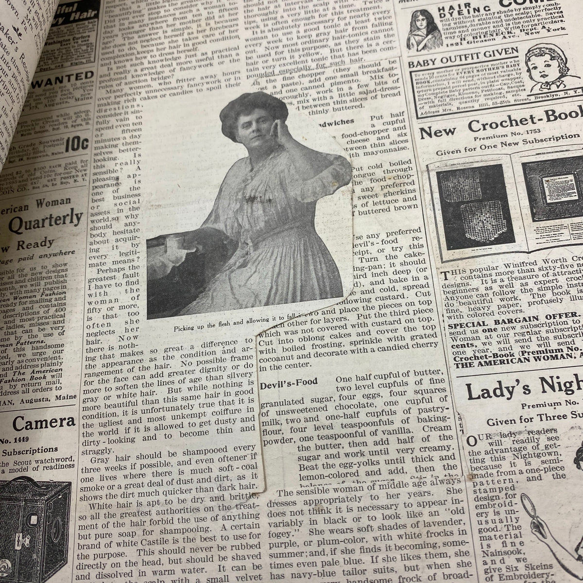 Interior page of VTG The American Woman Magazine June 1916, featuring an illustration of a woman in vintage clothing, highlighting the magazine's rich historical content.