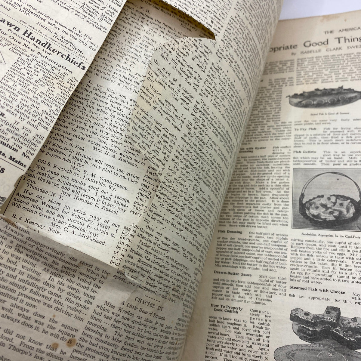 Open pages of VTG The American Woman Magazine June 1916, showcasing various articles and a recipe section, emphasizing the magazine's focus on domestic life and culture.