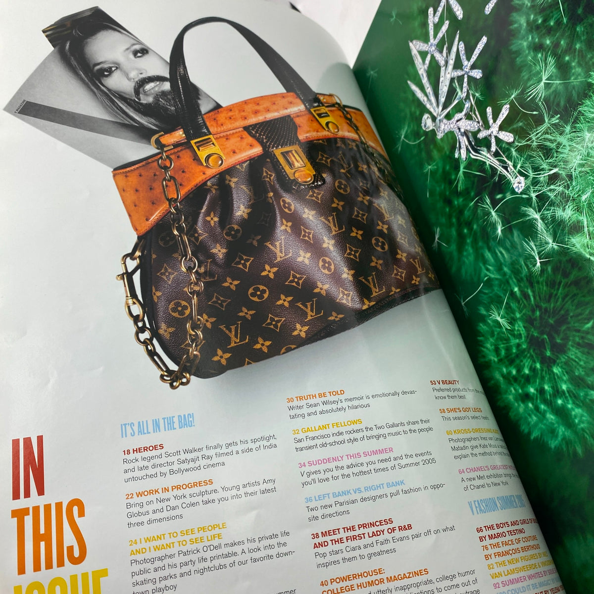 V Magazine Summer 2005 No. 35 - Highlighting the 'It's All in the Bag' article alongside an image of a luxury handbag, reflecting the summer trends of 2005.