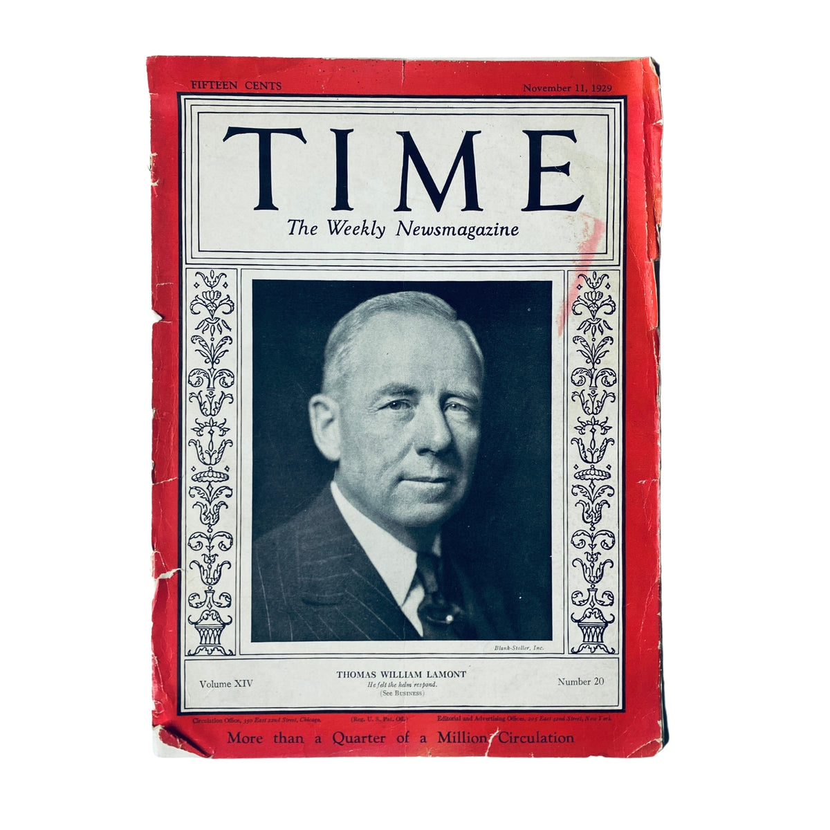 Cover of Time Magazine from November 11, 1929 featuring Thomas W. Lamont, a prominent financier of the early 20th century. The cover highlights Lamont's influence in international finance during the economic upheaval following the Wall Street Crash.