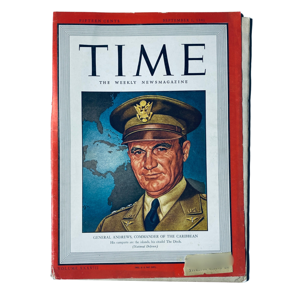 Time Magazine September 1, 1941 featuring Lieutenant General Frank Maxwell Andrews on the cover, emphasizing his role as Commander of the Caribbean. The magazine is notable for its vintage design and historical significance.
