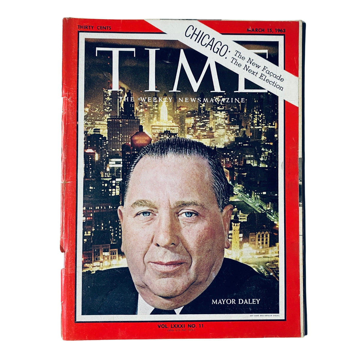 Time Magazine cover from March 15, 1963, Vol 81 No. 11 featuring Mayor Richard J. Daley, highlighting changes in Chicago's facade and impending elections.