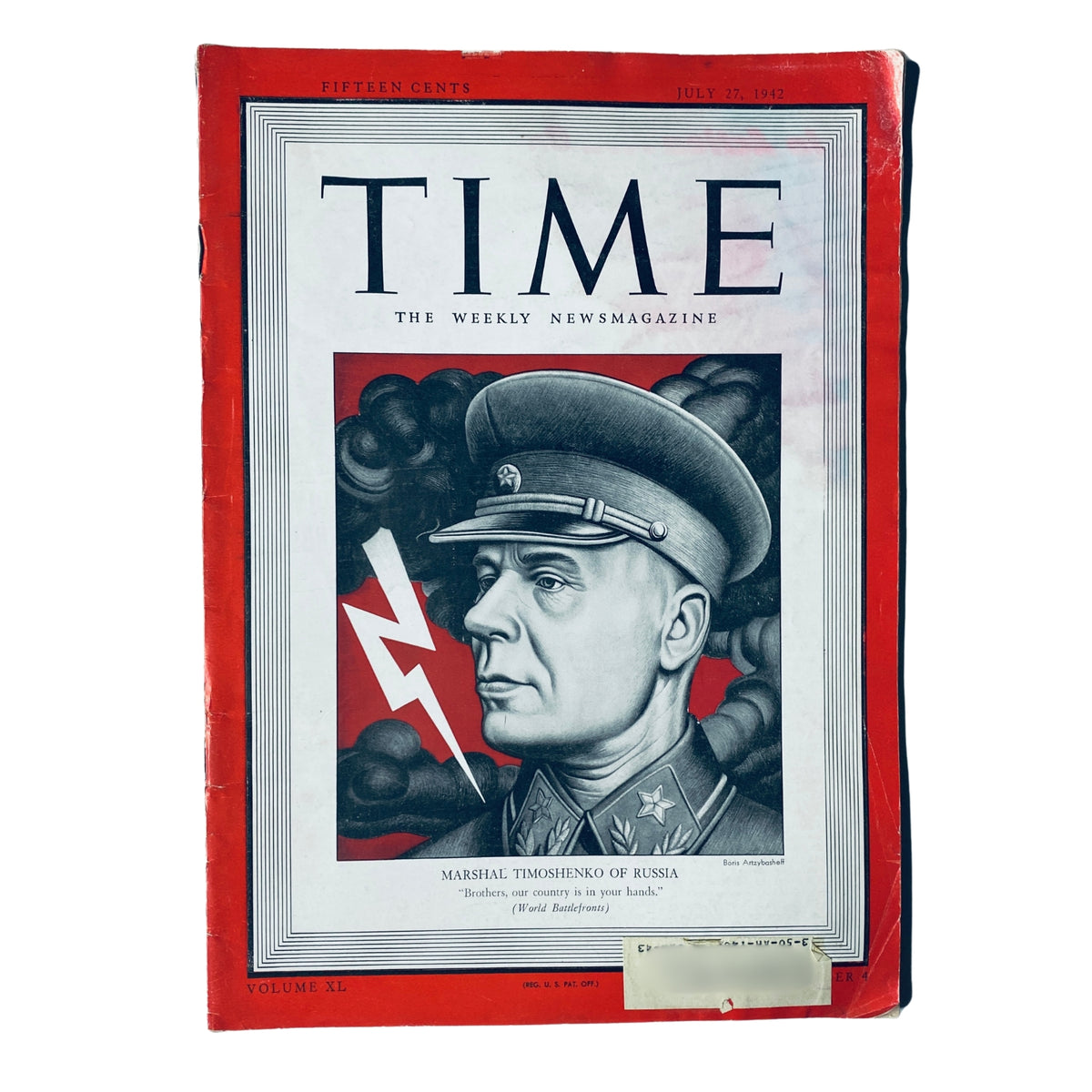 Cover of Time Magazine dated July 27, 1942, Vol. 40 No. 4 featuring a portrait of Soviet Marshal Semyon Timoshenko, highlighting his military significance during World War II.