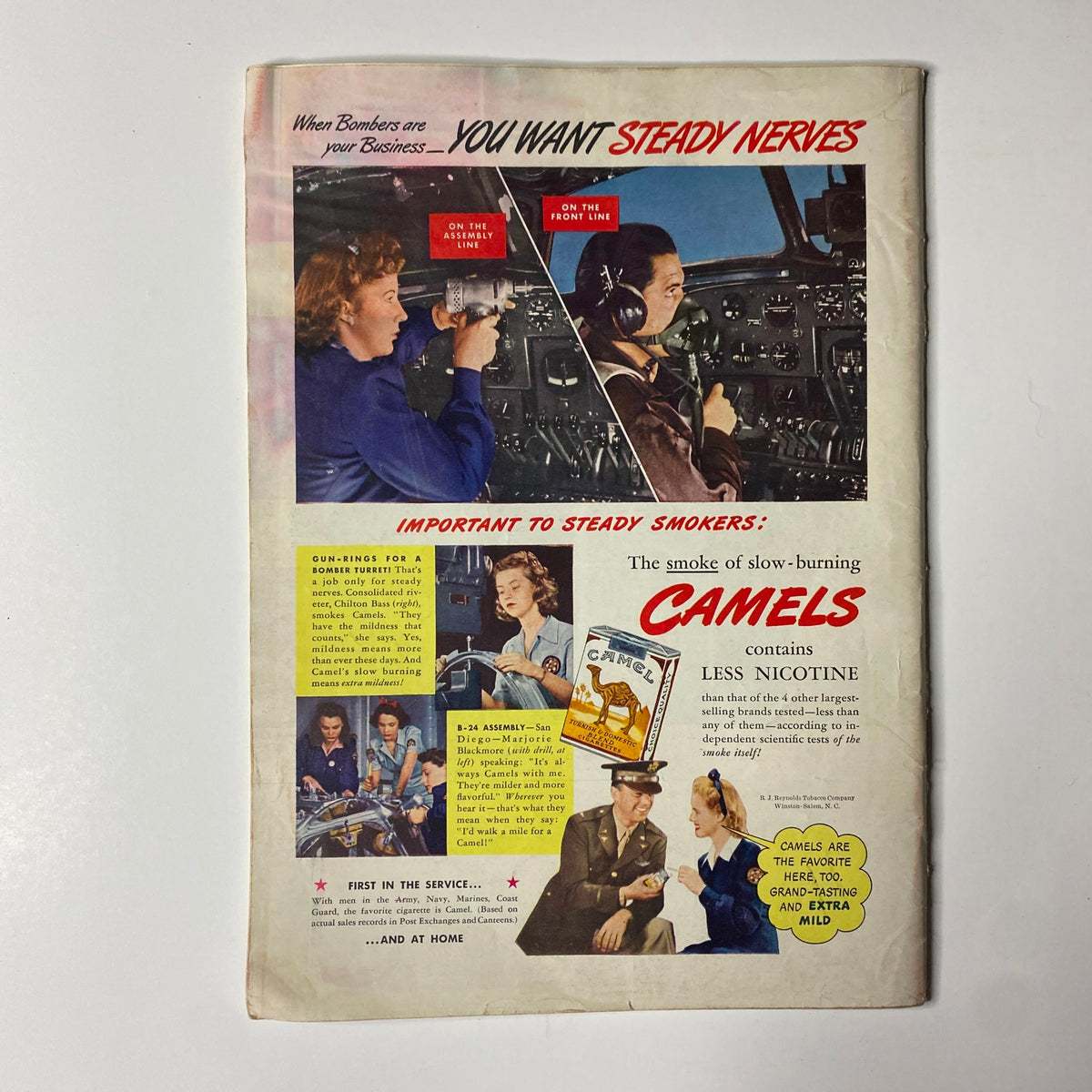 Advertisement page from Time Magazine dated July 27, 1942, showcasing promotional content for Camel cigarettes with a focus on staying steady at work and in combat, featuring women in production and military roles.