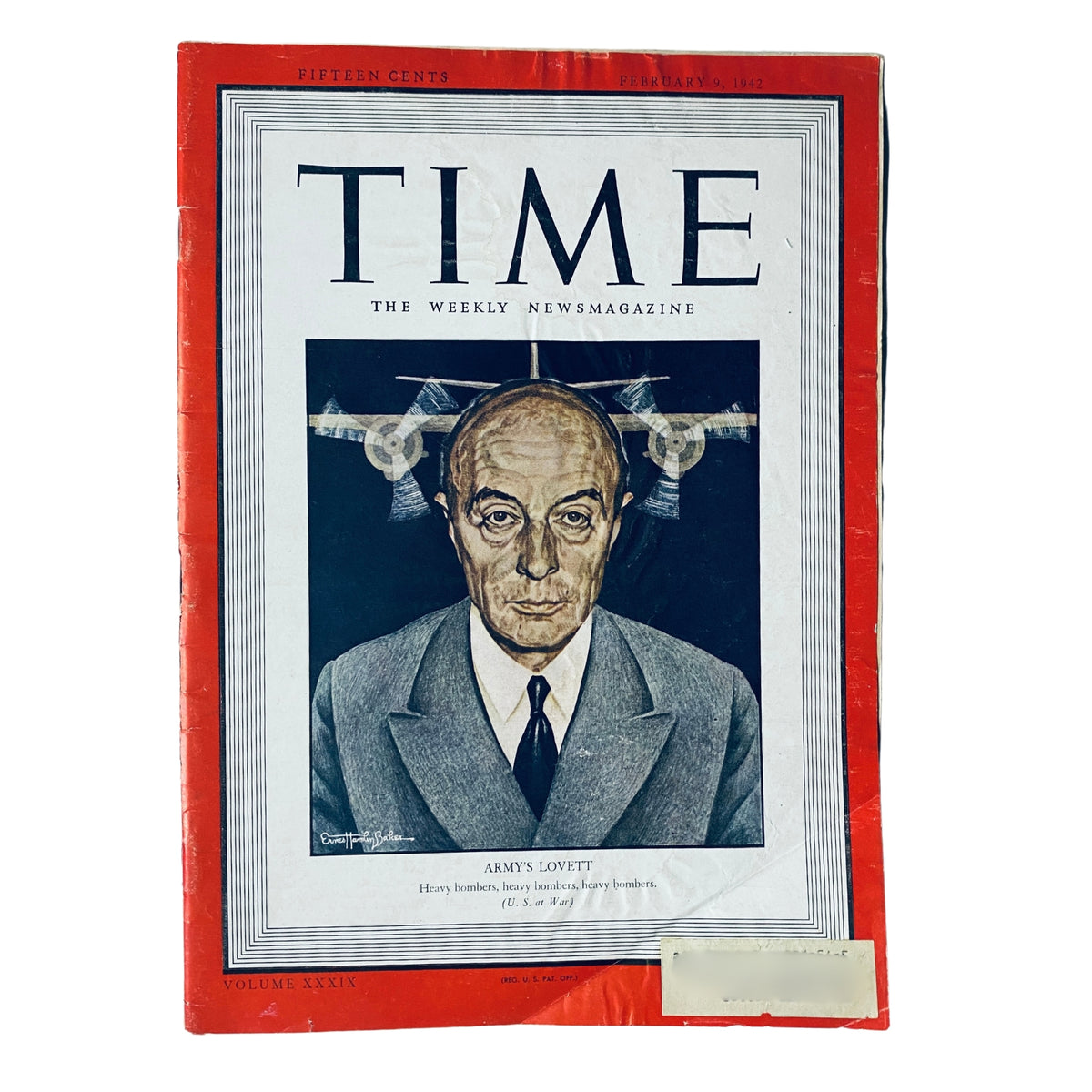 Time Magazine cover featuring Robert A. Lovett, February 9, 1942, Vol. 39 No. 6, depicting Lovett as U.S. Assistant Secretary of War for Air, with aircraft imagery.