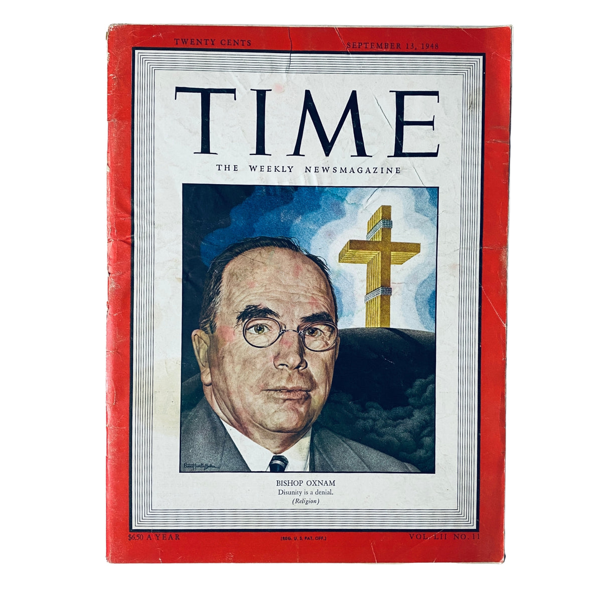 Time Magazine September 13, 1948, Vol 52 No 11 cover featuring Bishop Garfield Bromley Oxnam with a cross in the background, highlighting his role as a Methodist leader and advocate for social justice.