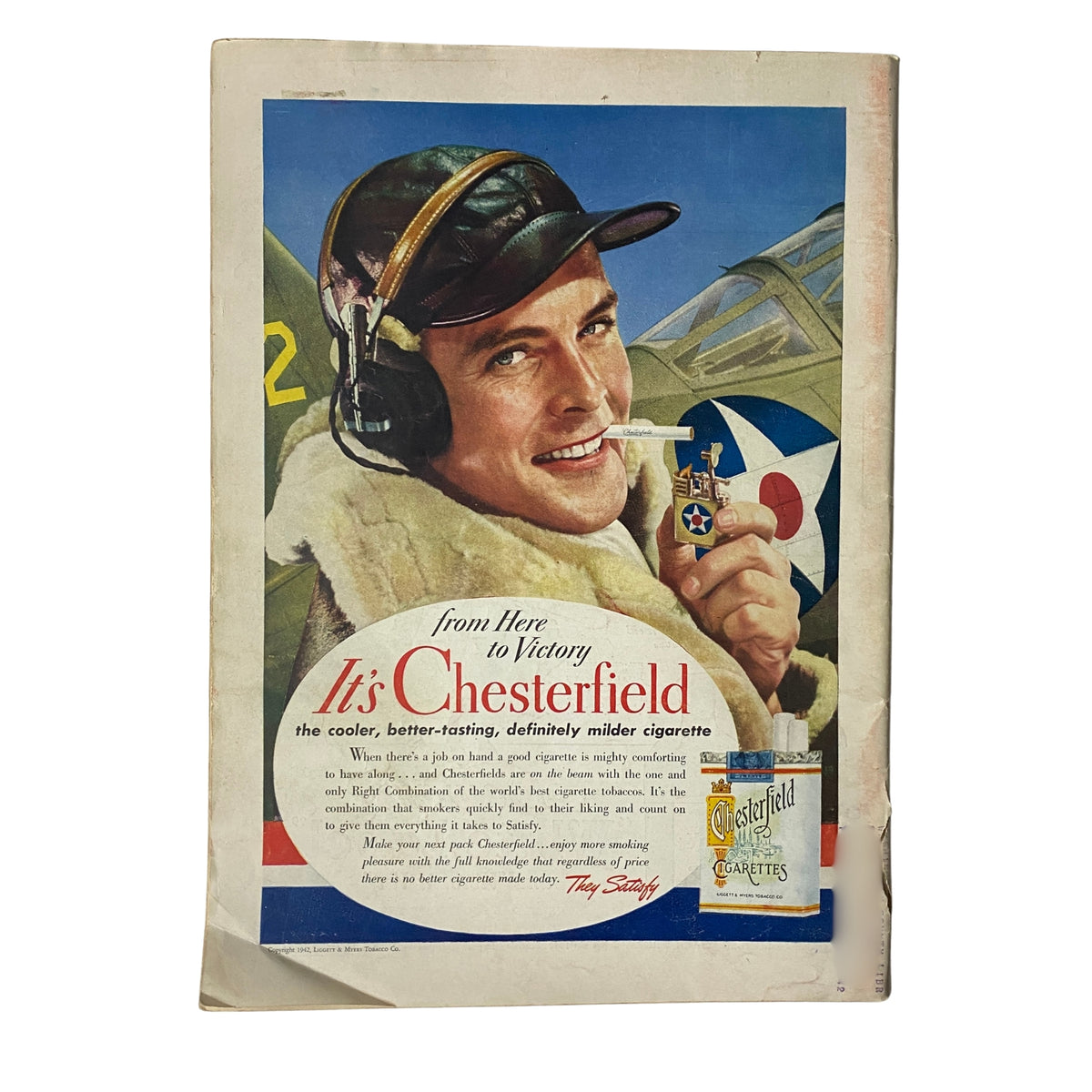 Vintage advertisement for Chesterfield cigarettes from Time Magazine September 14, 1942, featuring a smiling pilot with a cigarette, promoting a popular brand during World War II.