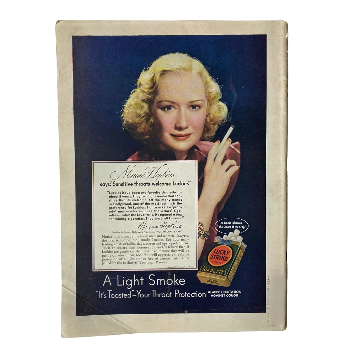 Vintage advertisement from Time Magazine June 14, 1937, showcasing actress Miriam Hopkins promoting Lucky Strike cigarettes with a focus on sensitive throats welcome tagline.