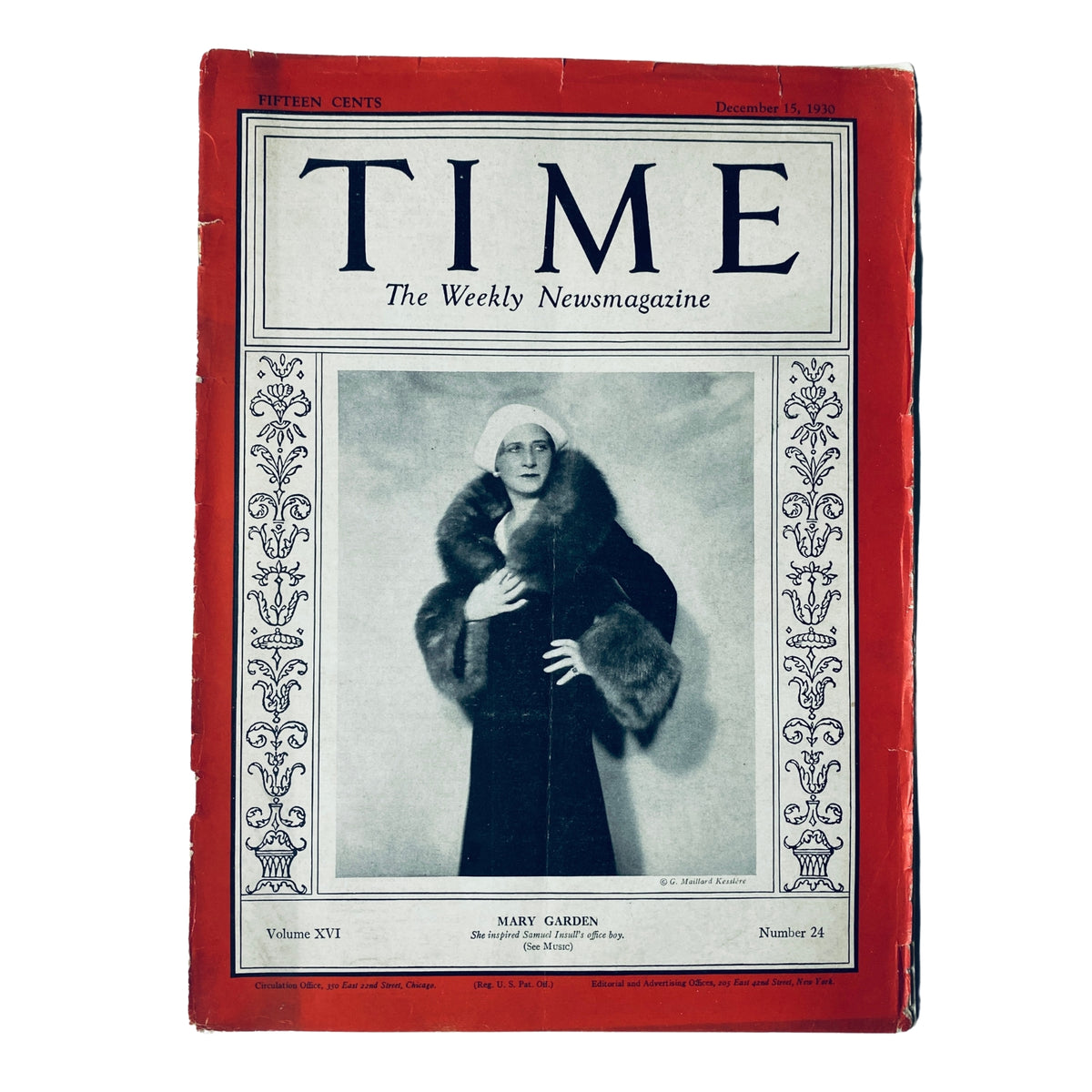 Time Magazine December 15, 1930 Vol 16 No 24 featuring Mary Garden on the cover, showcasing vintage magazine design with red borders and advertising text.